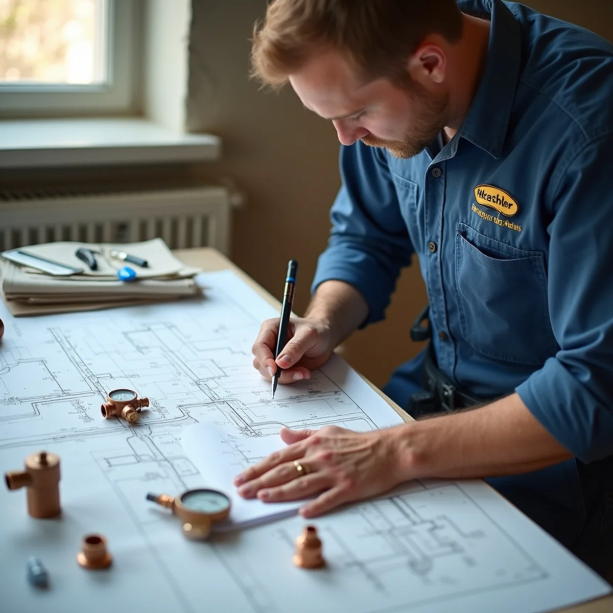 Master plumber examining blueprints and plumbing schematics in Orlando FL