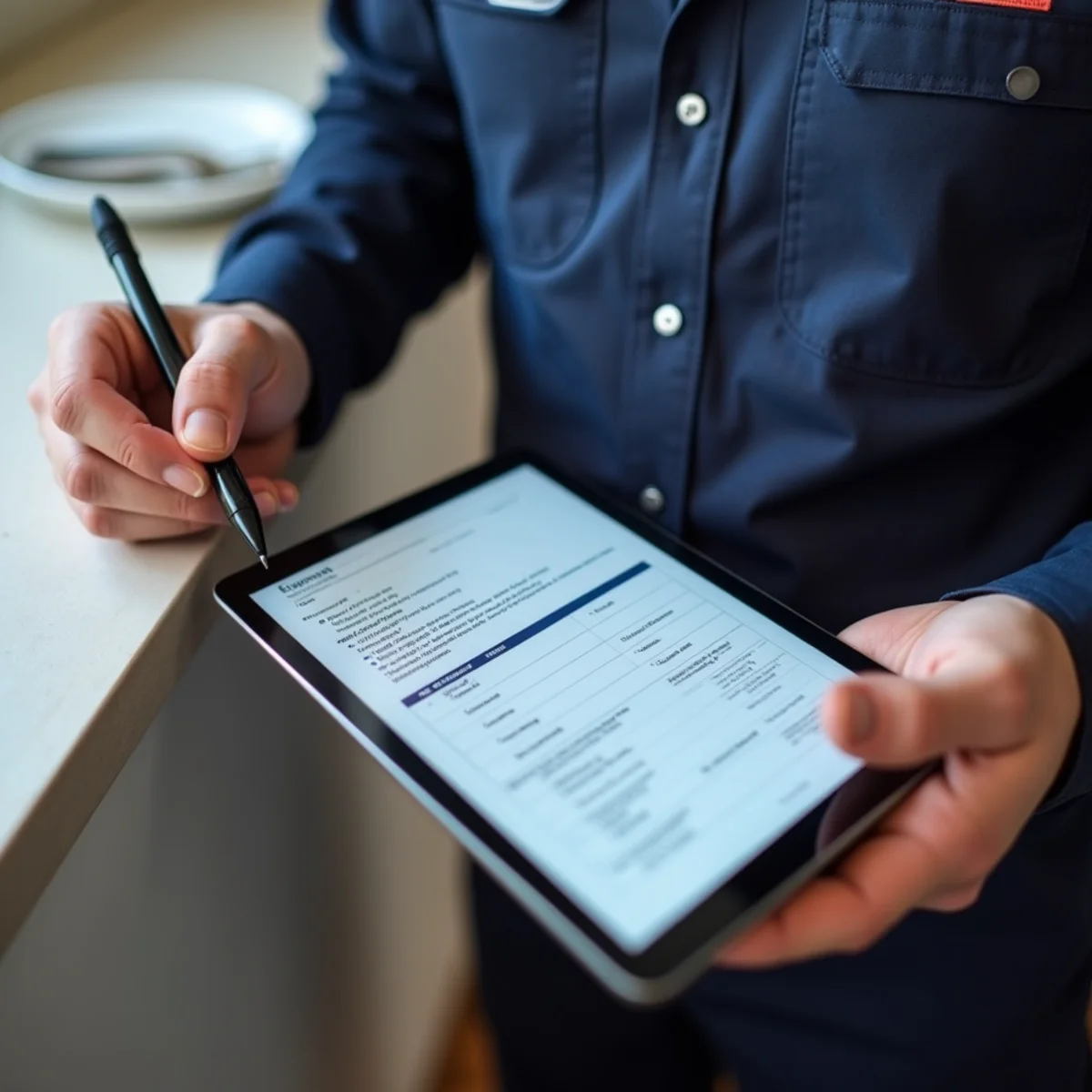 Licensed Florida contractor calculating transparent flat-rate plumbing estimate on clipboard