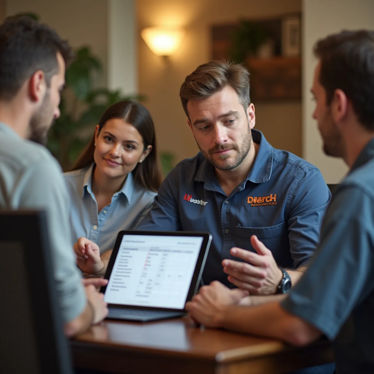 Master plumber reviewing upfront written estimate with Orlando homeowner