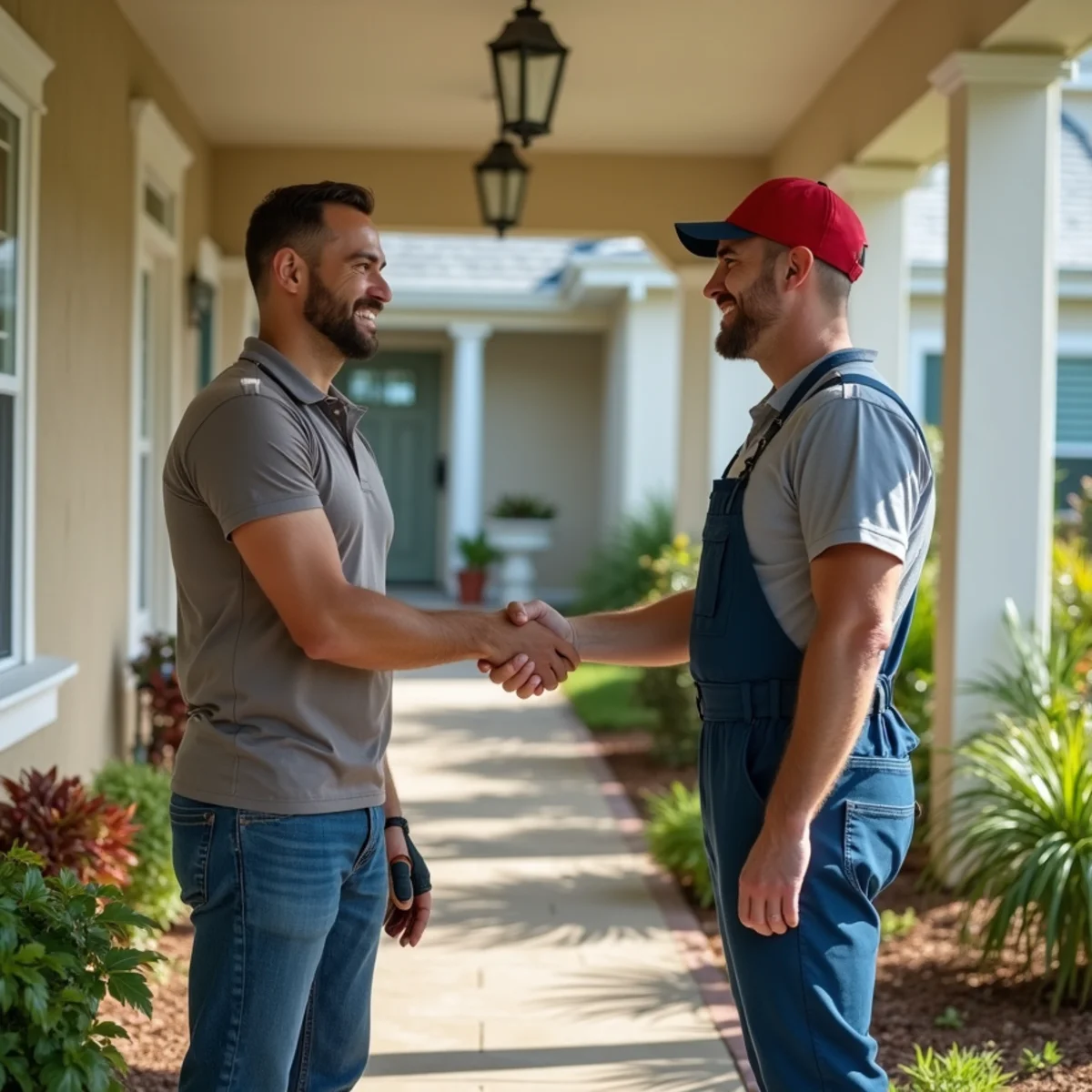 Happy Orlando homeowners standing with Total Plumbing & Construction master technician