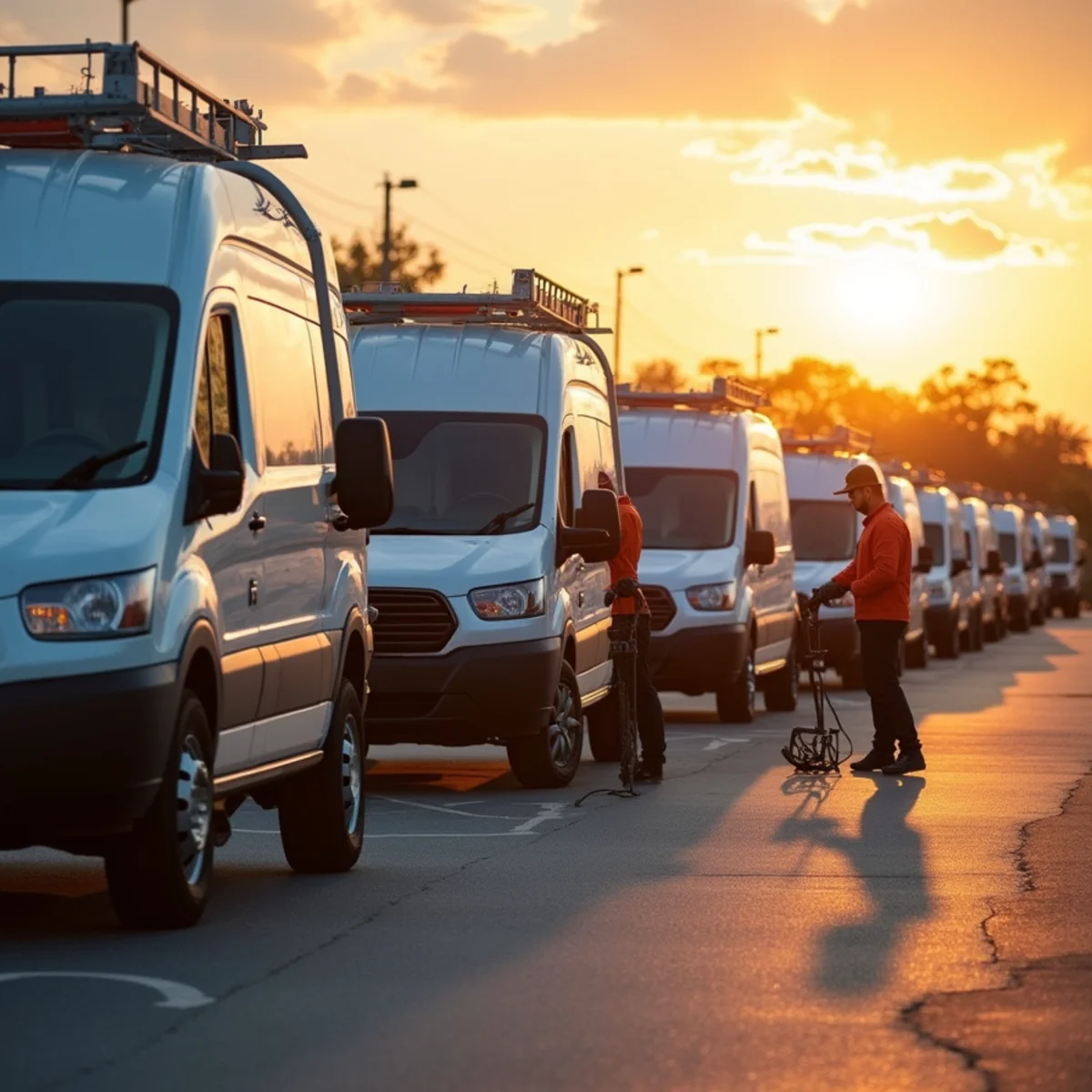 Fleet of Total Plumbing & Construction service vehicles prepared for Orlando dispatch